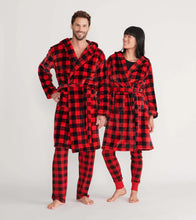 Charger l&#39;image dans la galerie, Peignoir en molleton pour adult – Tartan rouge et noir