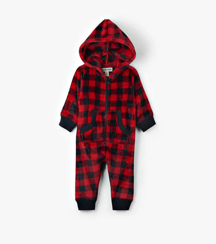 Combinaison de jour à capuchon en molleton pour bébé – Tartan rouge et noir